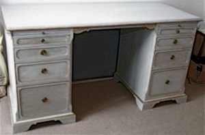 Handmade Bespoke Gustavian Grey Painted Pedestal Desk with 10 drawers and Gilt edging