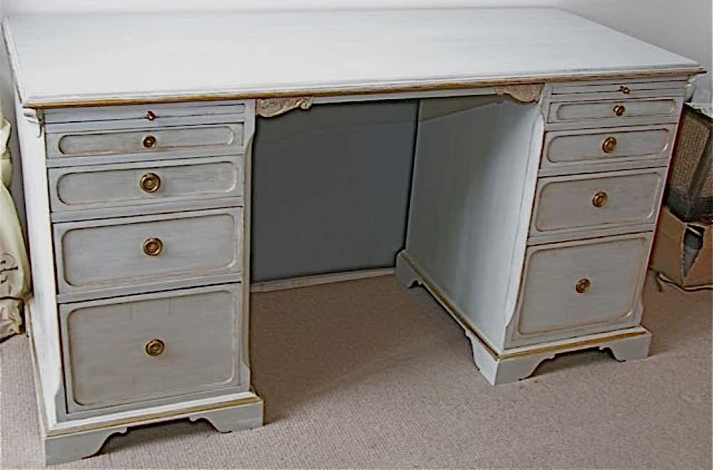 Handmade Bespoke Gustavian Grey Painted Pedestal Desk with 10 drawers and Gilt edging