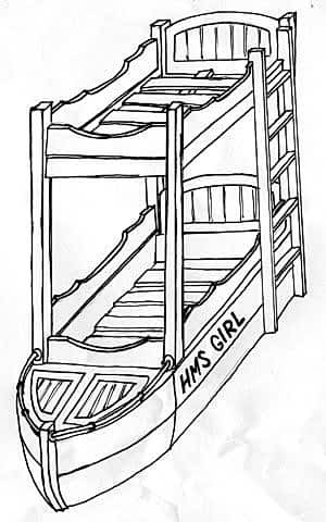 Bespoke boys girls childrens boat bunk bed with climbing ladder and storage handmade in the UK